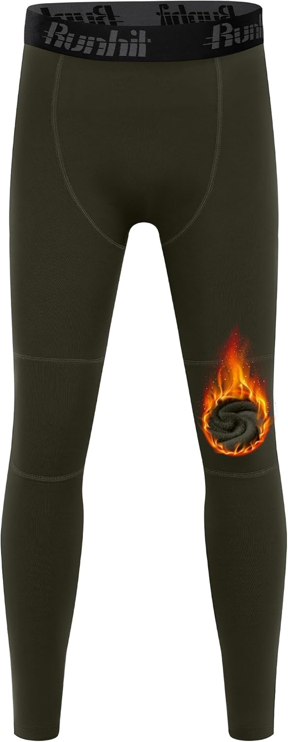 image:imageRunhit Boys Compression Leggings Fleece Lined Youth Sports Tights Kids Thermal Base Layer Pants Cold Weather Gear1pack Army Green