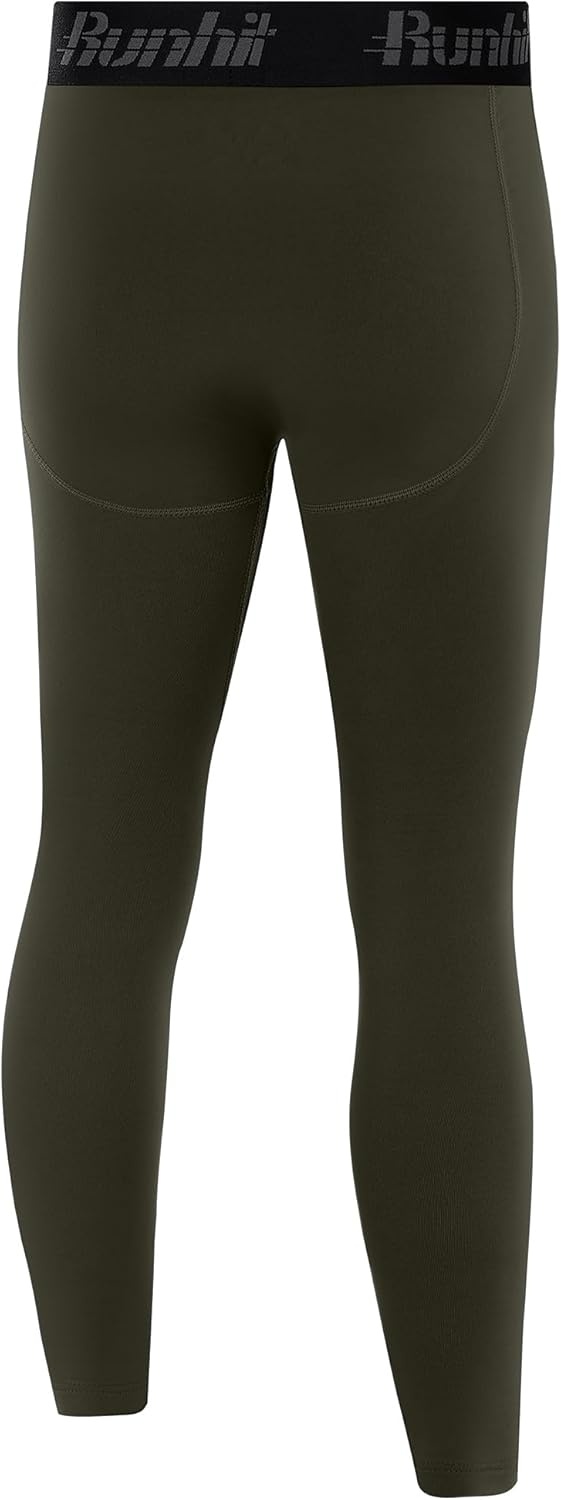 image:imageRunhit Boys Compression Leggings Fleece Lined Youth Sports Tights Kids Thermal Base Layer Pants Cold Weather Gear1pack Army Green