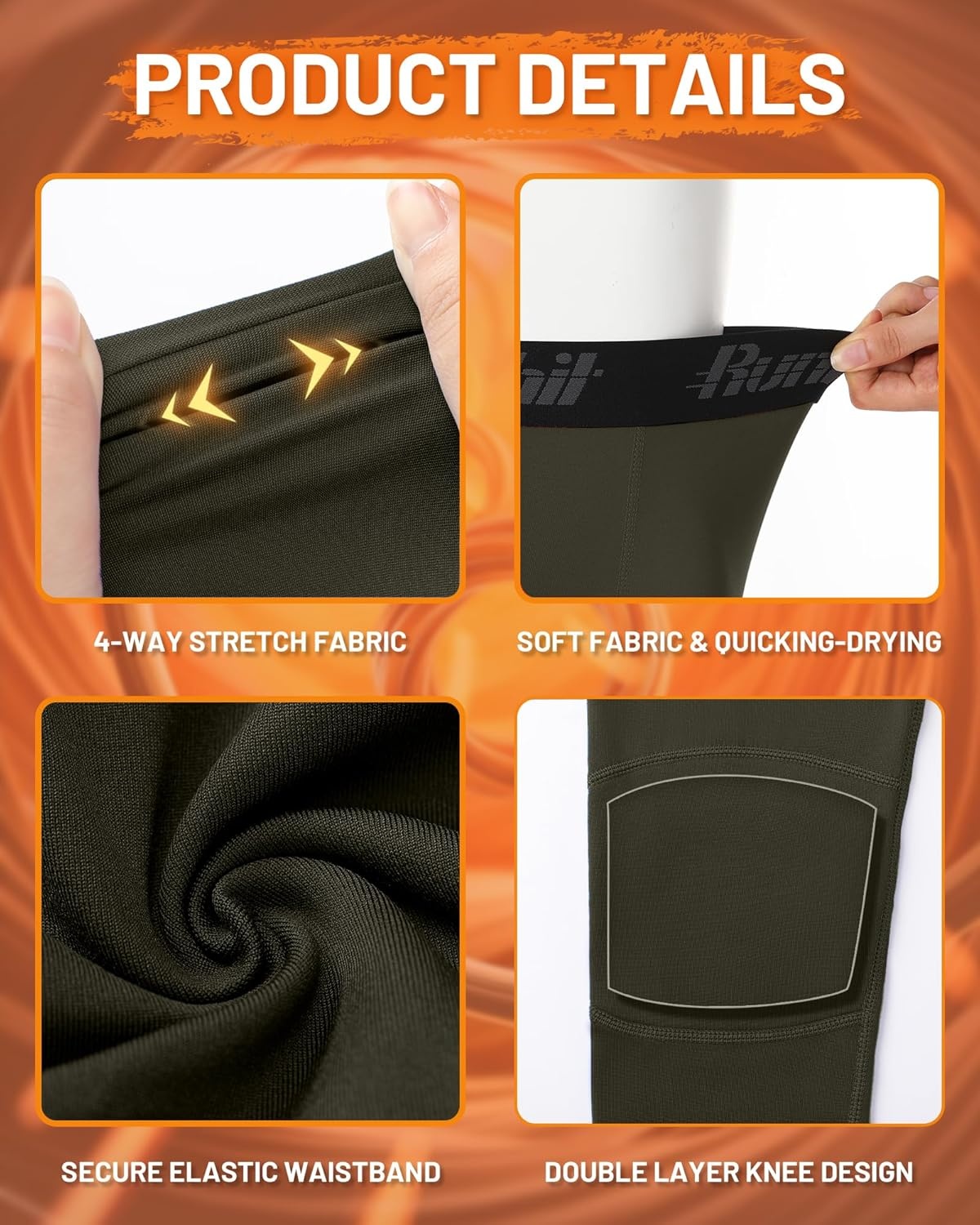 image:imageRunhit Boys Compression Leggings Fleece Lined Youth Sports Tights Kids Thermal Base Layer Pants Cold Weather Gear1pack Army Green