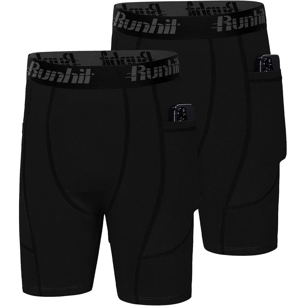 image:imageRunhit Youth Boys Compression ShortsBoys Performance Athletic Base Layers Underwear Sports Shorts Side Pocket2 Packblack black