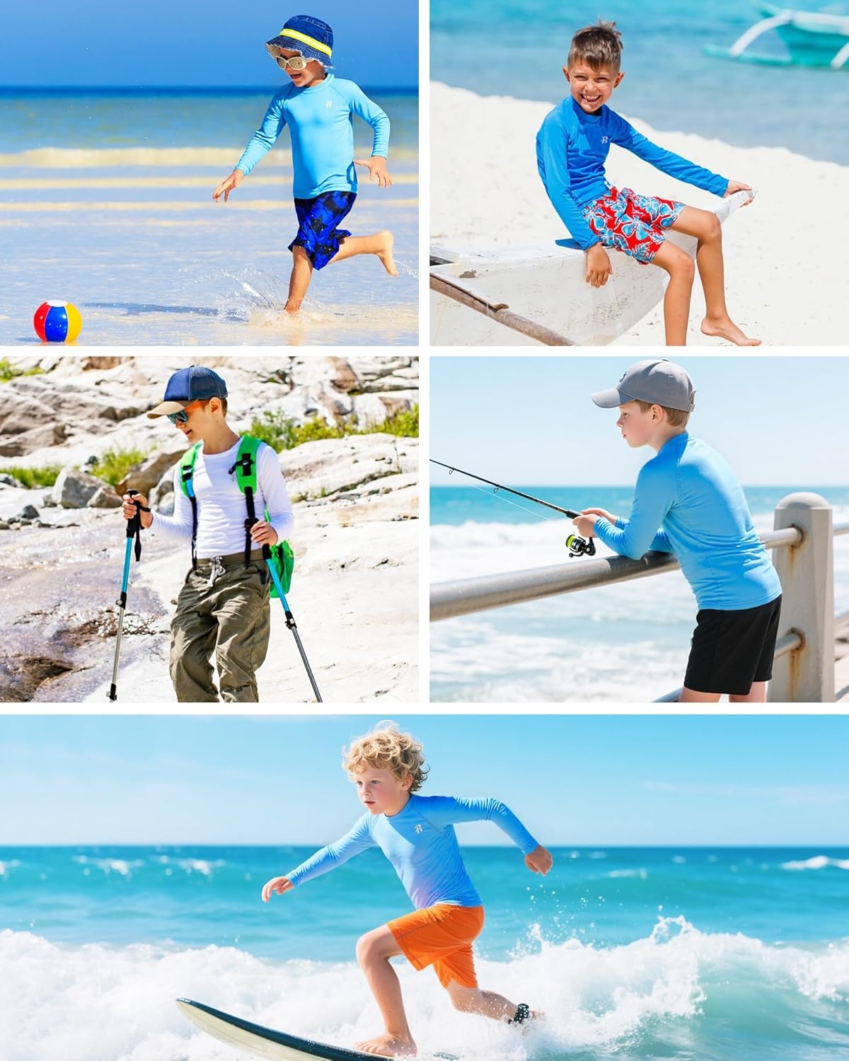 image:imageRunhit UPF 50 Boys Swim Shirt Rash Guard for Boys Long Sleeve Youth Kids UV Sun Protection Shirt for Beach Surf HikingLight Blue
