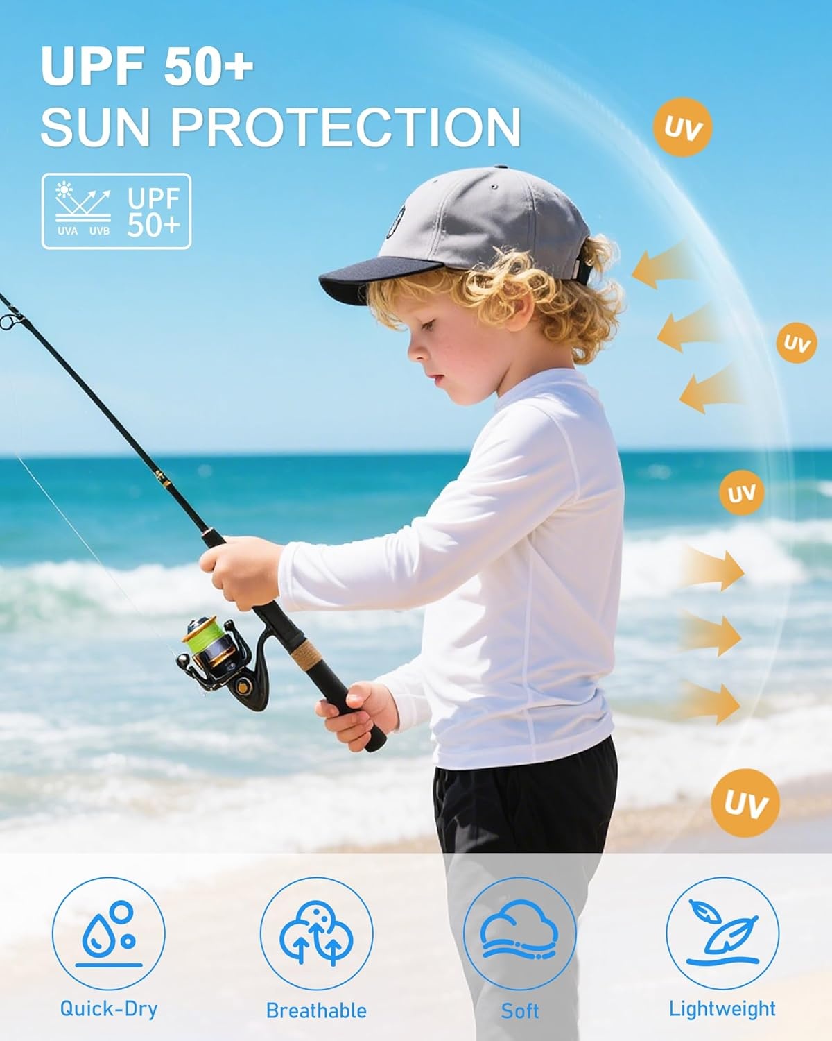 image:imageRunhit UPF 50 Boys Swim Shirt Rash Guard for Boys Long Sleeve Youth Kids UV Sun Protection Shirt for Beach Surf HikingWhite
