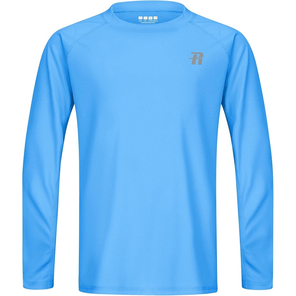 image:imageRunhit UPF 50 Boys Swim Shirt Rash Guard for Boys Long Sleeve Youth Kids UV Sun Protection Shirt for Beach Surf HikingMedium Blue