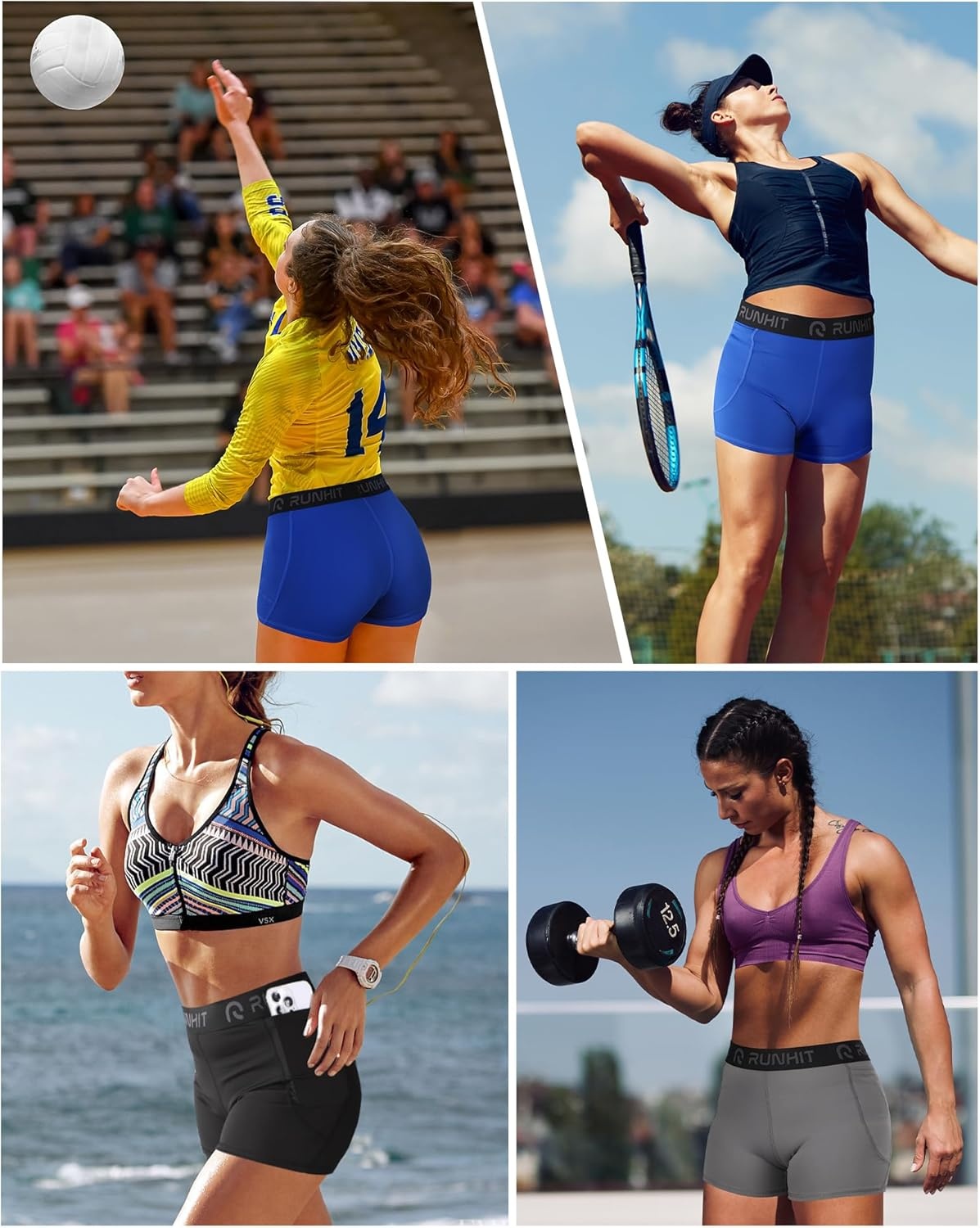 image:imageRunhit 3 Volleyball Shorts Womens 3 Pack Compression Shorts for Women Spandex Shorts Women Workout Athletic Yoga GymPockets BlueGrayBlack 3pack