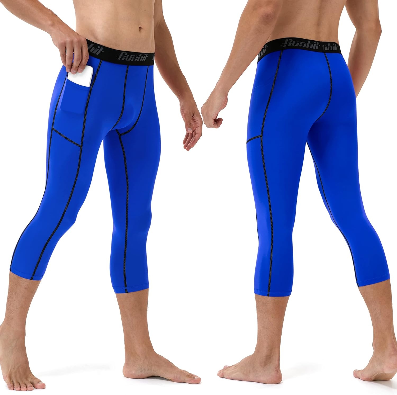 image:imageRunhit 34 Mens Compression Pants with PocketsWorkout Athletic Tights Leggings Athletic Base Layer Underwear2 Pack 34 Pants Pocket Black Blue
