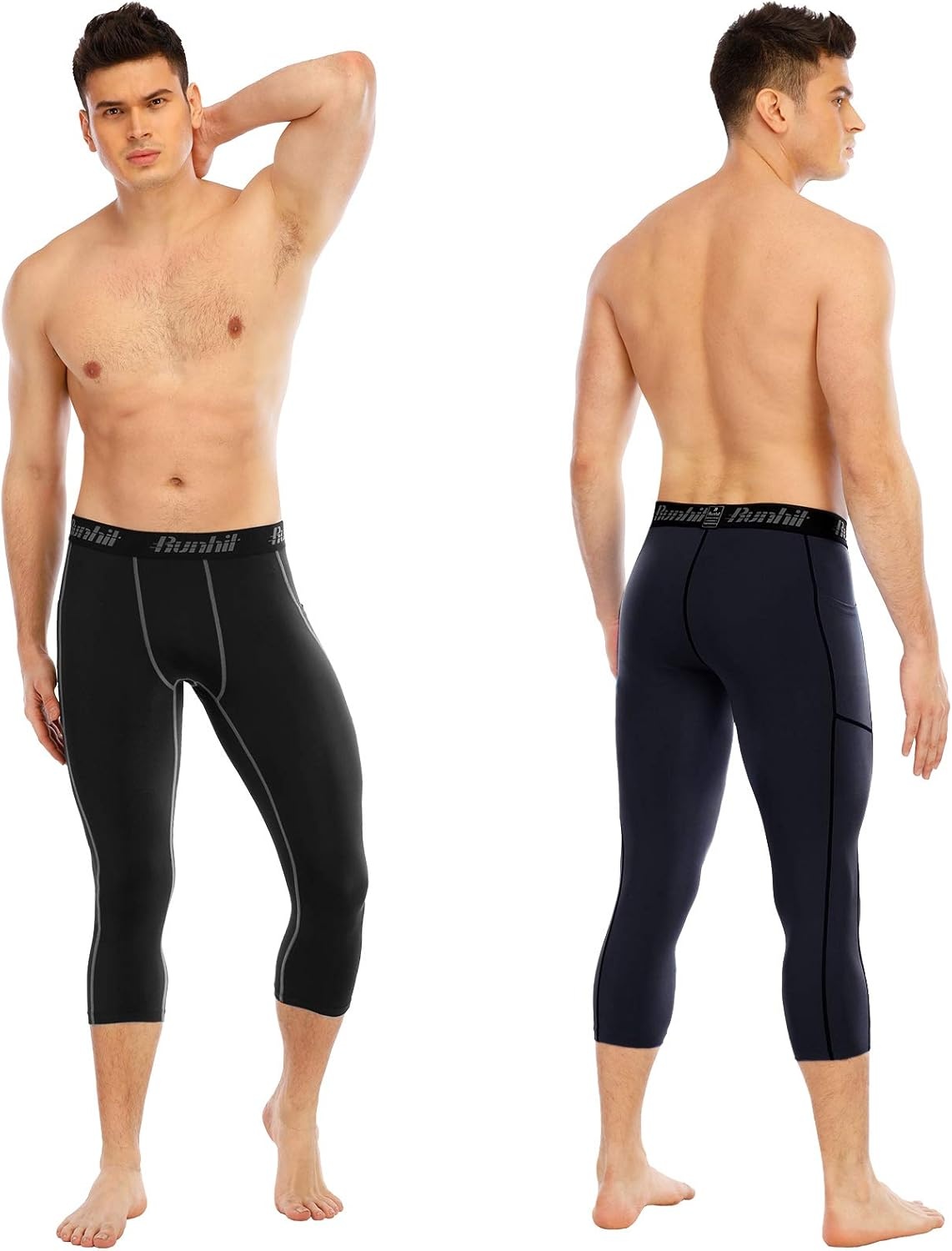 image:imageRunhit 34 Mens Compression Pants with PocketsWorkout Athletic Tights Leggings Athletic Base Layer Underwear2 Pack 34 Pants Pocket Black Gray