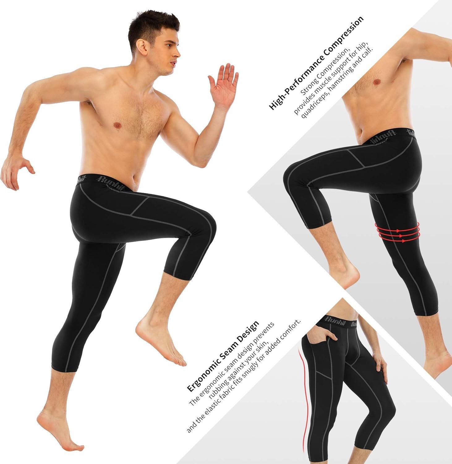 image:imageRunhit 34 Mens Compression Pants with PocketsWorkout Athletic Tights Leggings Athletic Base Layer Underwear2 Pack 34 Pants Pocket Black Gray