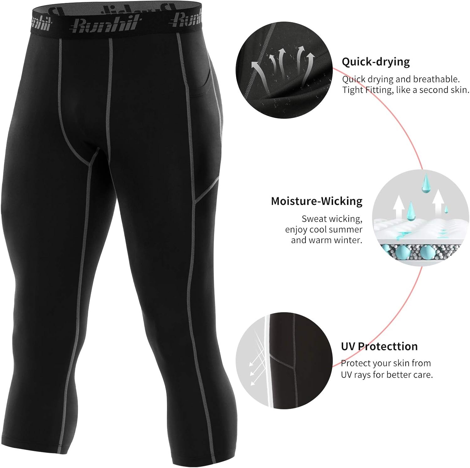 image:imageRunhit 34 Mens Compression Pants with PocketsWorkout Athletic Tights Leggings Athletic Base Layer Underwear2 Pack 34 Pants Pocket Black Red