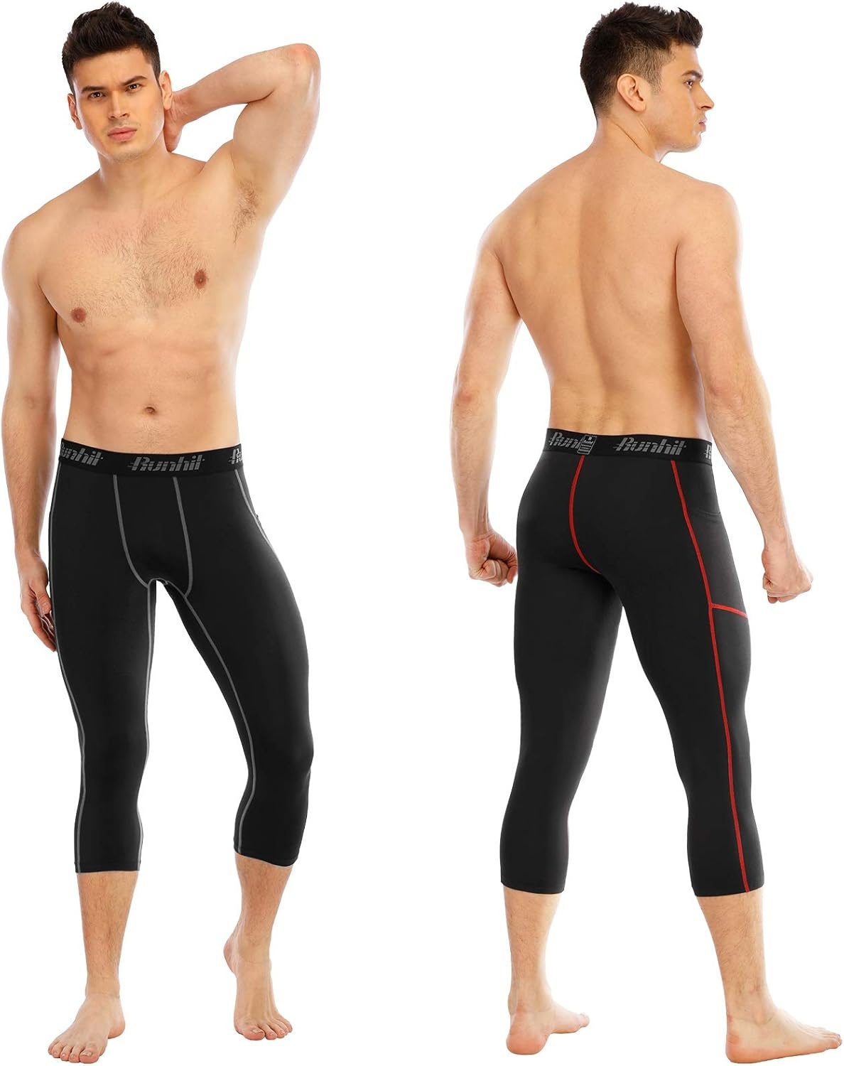 image:imageRunhit 34 Mens Compression Pants with PocketsWorkout Athletic Tights Leggings Athletic Base Layer Underwear2 Pack 34 Pants Pocket Black Red