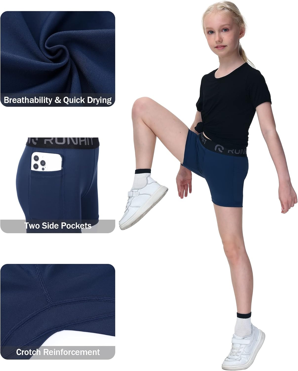 image:imageRunhit 4 Youth Girls Volleyball Shorts Spandex Girls Compression Shorts Biker Dance Kids Gymnastics Shorts with PocketsBlackWhiteNavy