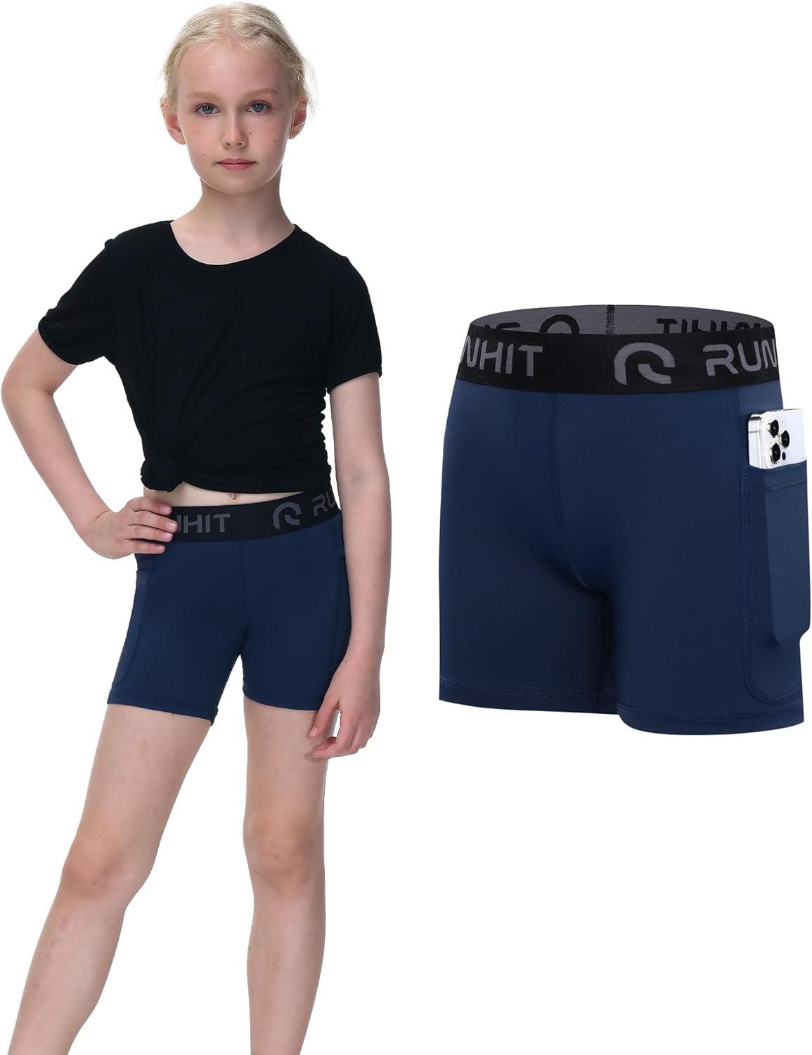image:imageRunhit 4 Youth Girls Volleyball Shorts Spandex Girls Compression Shorts Biker Dance Kids Gymnastics Shorts with PocketsBlackWhiteNavy