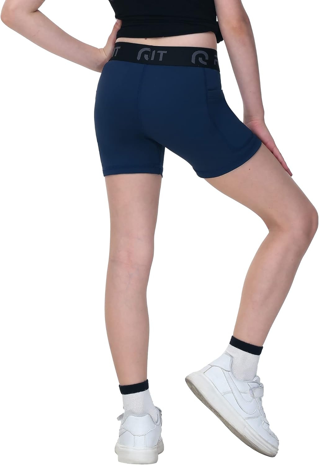 image:imageRunhit 4 Youth Girls Volleyball Shorts Spandex Girls Compression Shorts Biker Dance Kids Gymnastics Shorts with PocketsBlackWhiteNavy