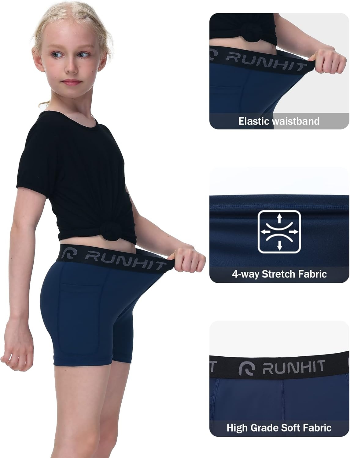 image:imageRunhit 4 Youth Girls Volleyball Shorts Spandex Girls Compression Shorts Biker Dance Kids Gymnastics Shorts with PocketsBlackWhiteNavy