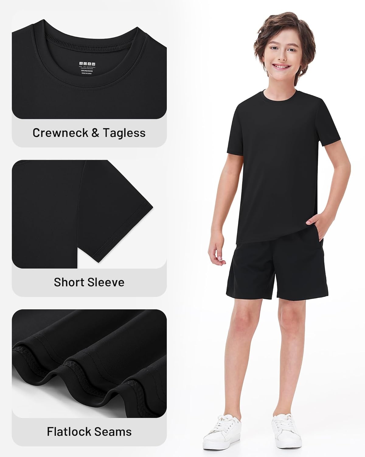 image:imageRunhit Boys Athletic TShirts Kids UPF 50 Short Sleeve Rash Guard Youth Sports Undershirt for Basketball Soccer BaseballBlack