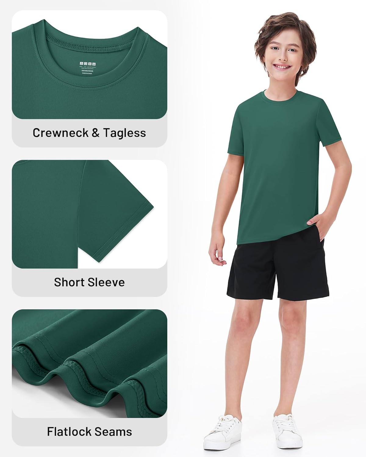 image:imageRunhit Boys Athletic TShirts Kids UPF 50 Short Sleeve Rash Guard Youth Sports Undershirt for Basketball Soccer BaseballDeep Green