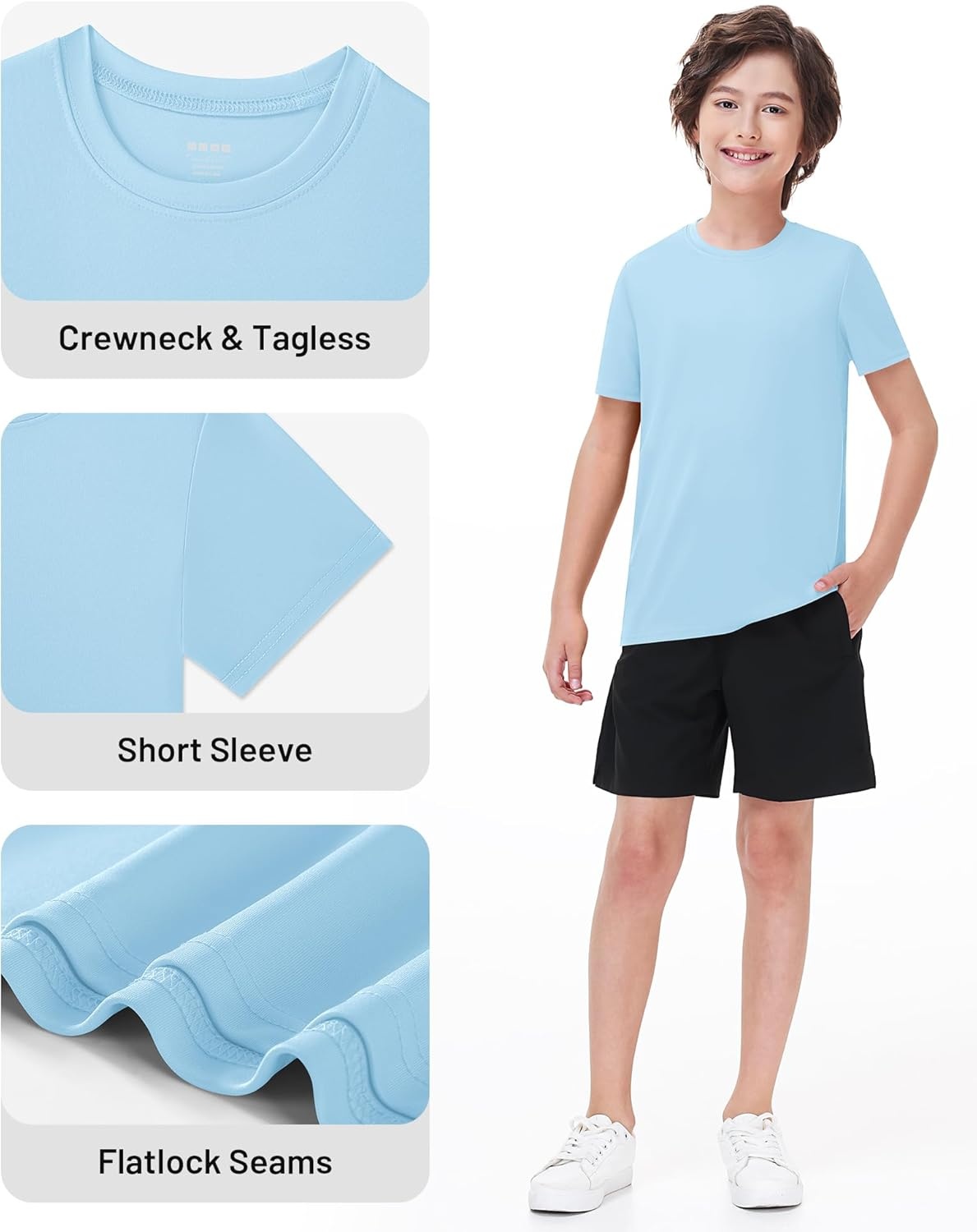 image:imageRunhit Boys Athletic TShirts Kids UPF 50 Short Sleeve Rash Guard Youth Sports Undershirt for Basketball Soccer BaseballLight Blue