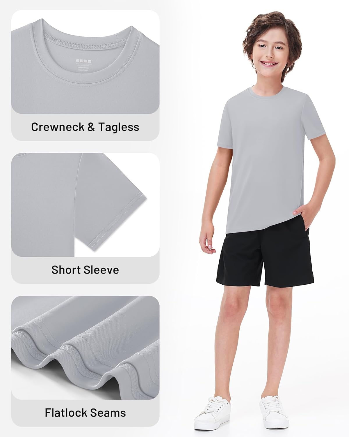 image:imageRunhit Boys Athletic TShirts Kids UPF 50 Short Sleeve Rash Guard Youth Sports Undershirt for Basketball Soccer BaseballLight Grey