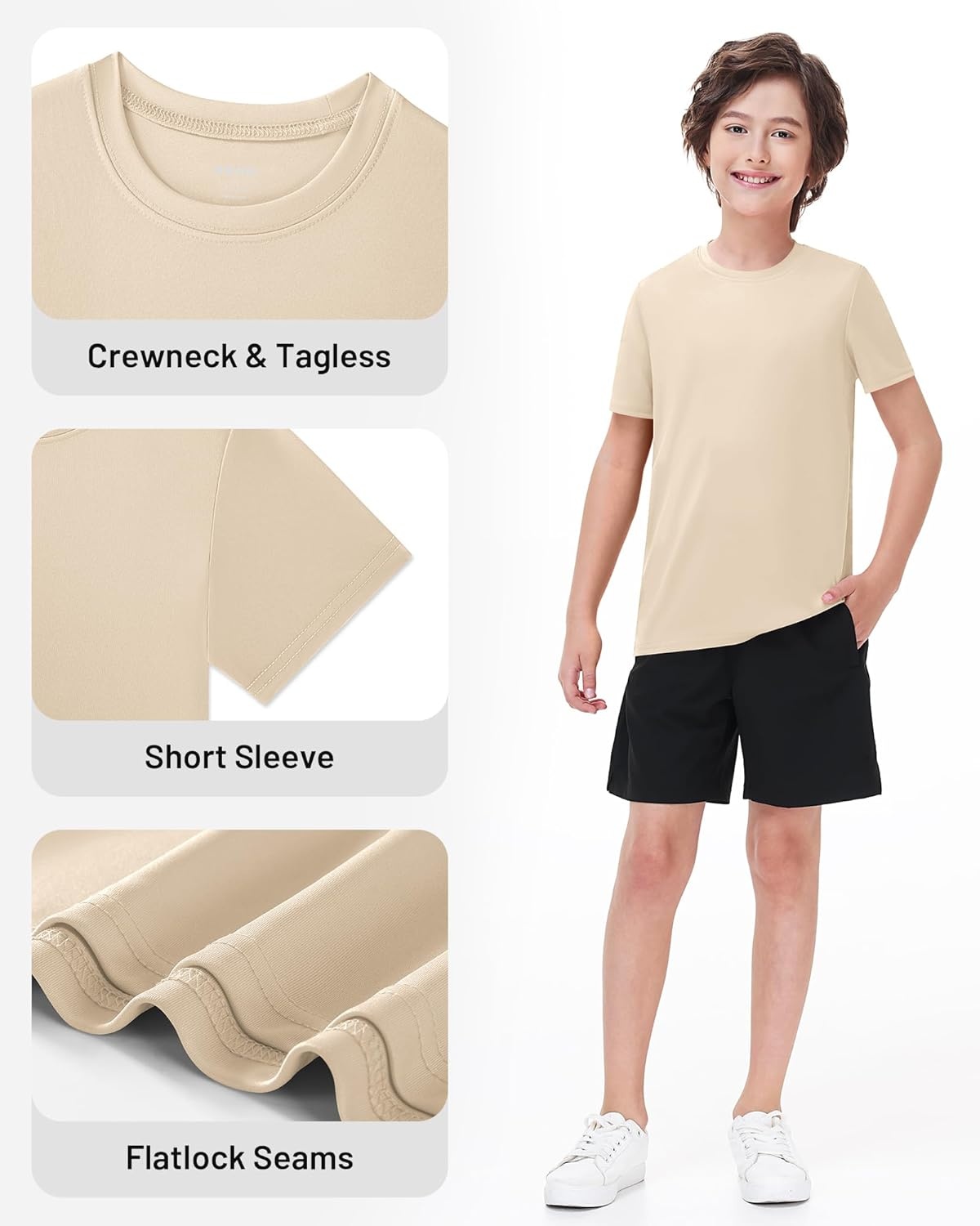 image:imageRunhit Boys Athletic TShirts Kids UPF 50 Short Sleeve Rash Guard Youth Sports Undershirt for Basketball Soccer BaseballLight Khaki