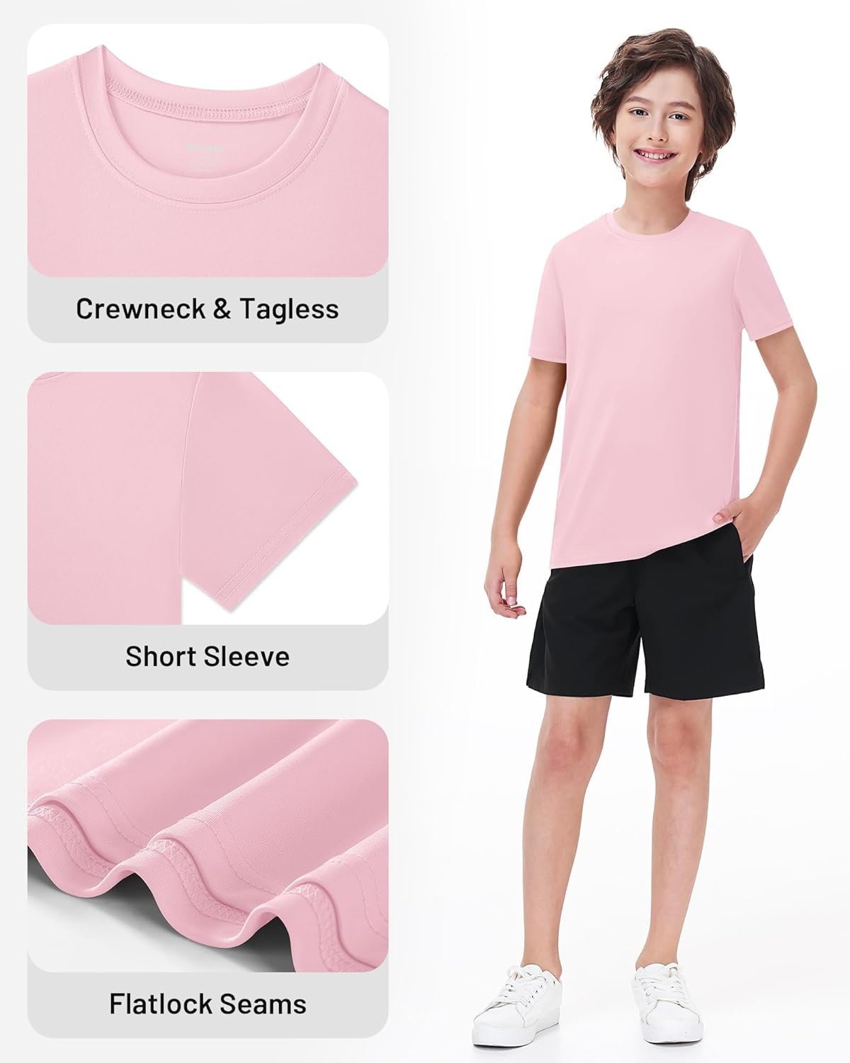 image:imageRunhit Boys Athletic TShirts Kids UPF 50 Short Sleeve Rash Guard Youth Sports Undershirt for Basketball Soccer BaseballPink