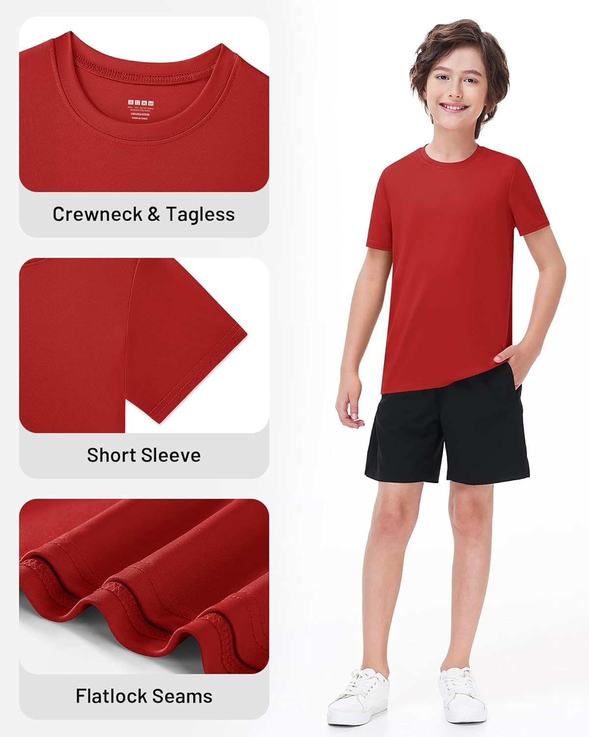 image:imageRunhit Boys Athletic TShirts Kids UPF 50 Short Sleeve Rash Guard Youth Sports Undershirt for Basketball Soccer BaseballRed