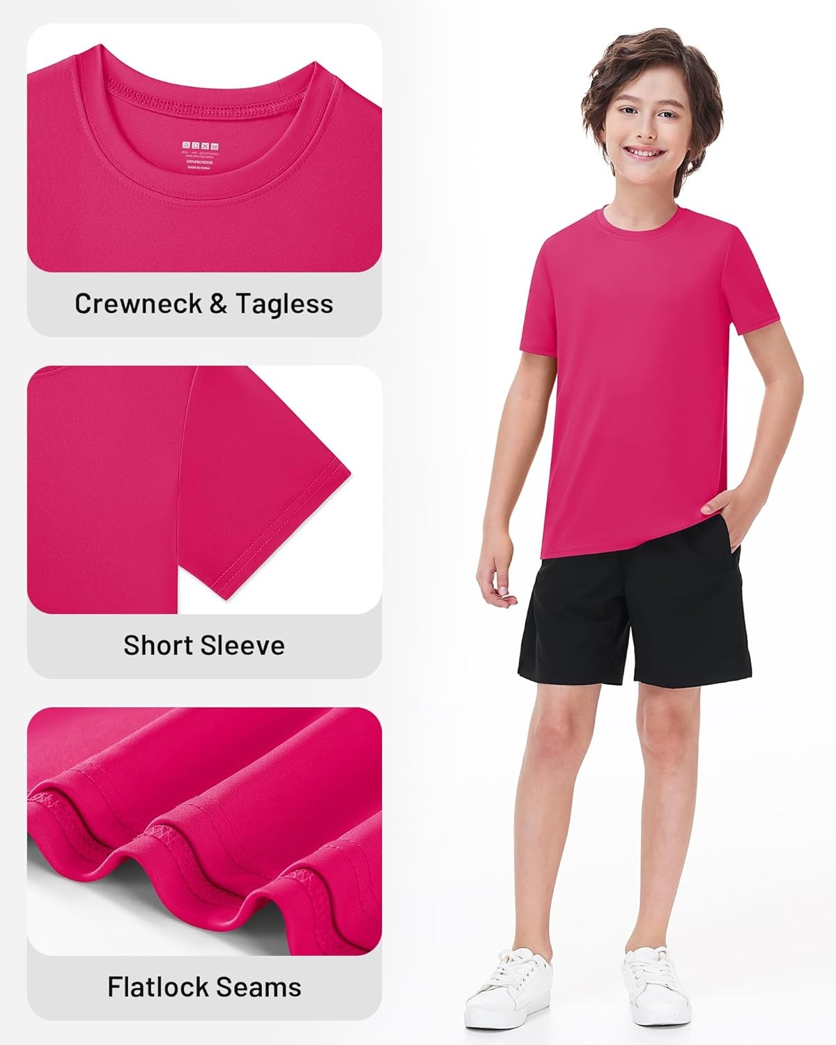 image:imageRunhit Boys Athletic TShirts Kids UPF 50 Short Sleeve Rash Guard Youth Sports Undershirt for Basketball Soccer BaseballRose Red