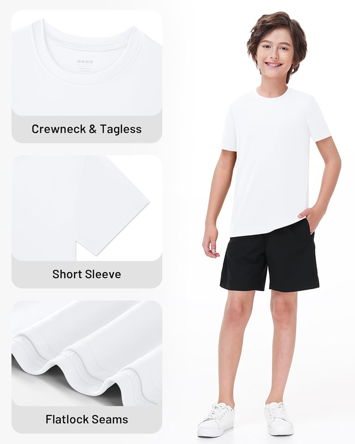 image:imageRunhit Boys Athletic TShirts Kids UPF 50 Short Sleeve Rash Guard Youth Sports Undershirt for Basketball Soccer BaseballWhite