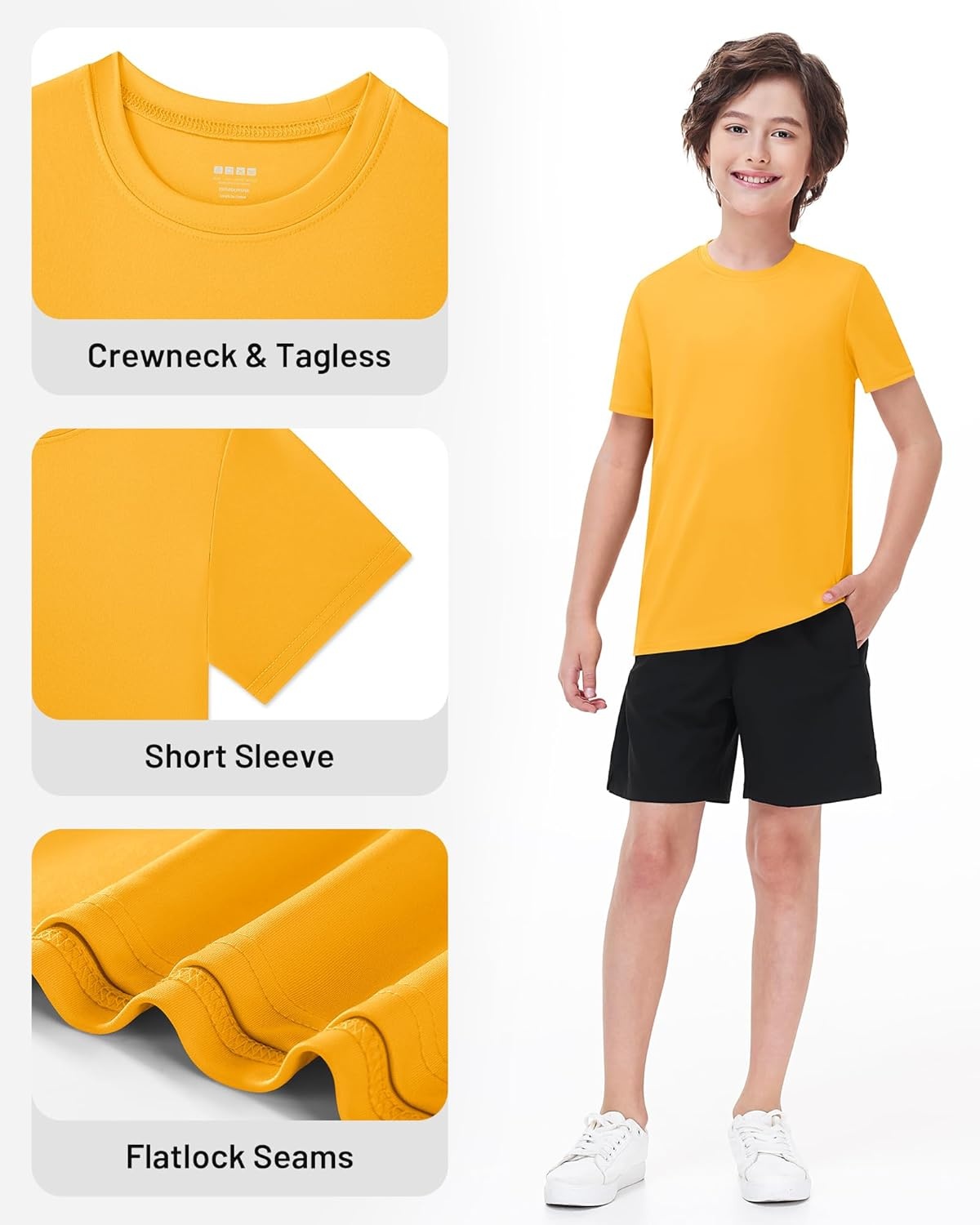 image:imageRunhit Boys Athletic TShirts Kids UPF 50 Short Sleeve Rash Guard Youth Sports Undershirt for Basketball Soccer BaseballYellow