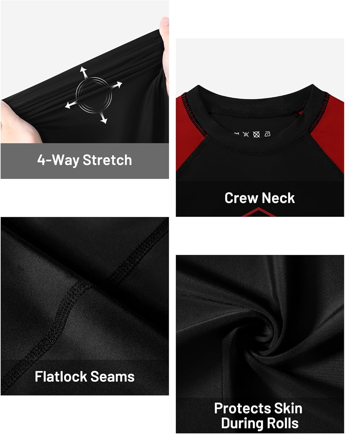 image:imageRunhit Boys BJJ Rash Guard Long Sleeve Kids Jiu Jitsu No Gi Youth Compression Shirts for Training MMA Wrestling Boxing UPF50Black With Bright Red