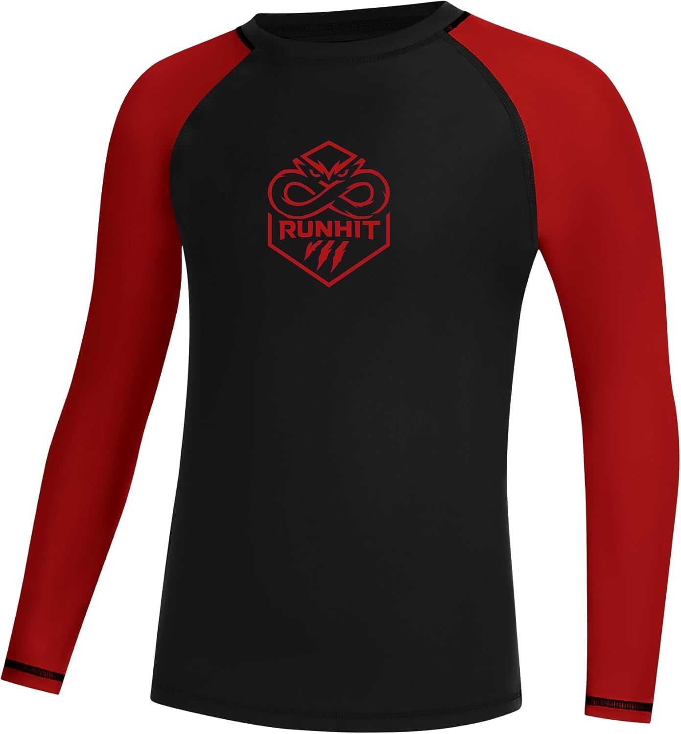 image:imageRunhit Boys BJJ Rash Guard Long Sleeve Kids Jiu Jitsu No Gi Youth Compression Shirts for Training MMA Wrestling Boxing UPF50Black With Bright Red