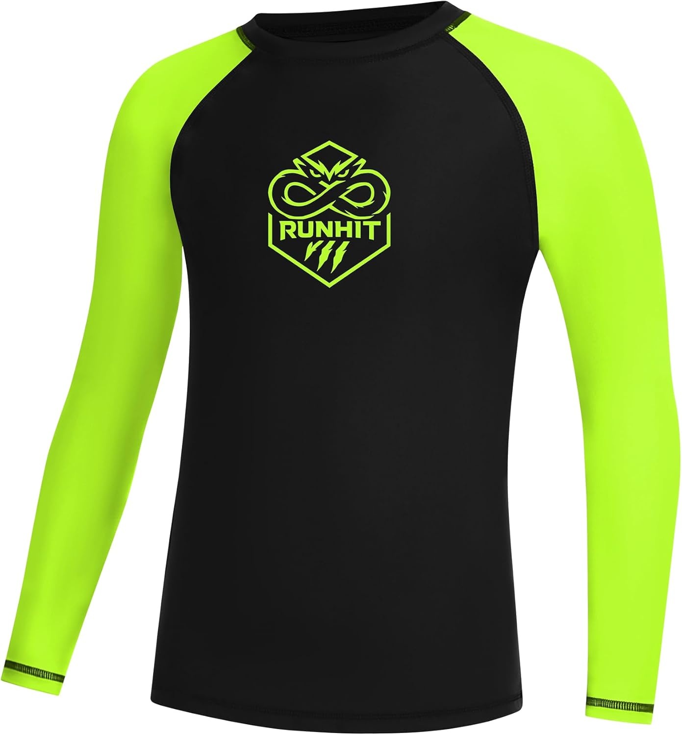 image:imageRunhit Boys BJJ Rash Guard Long Sleeve Kids Jiu Jitsu No Gi Youth Compression Shirts for Training MMA Wrestling Boxing UPF50Black With Neon Green