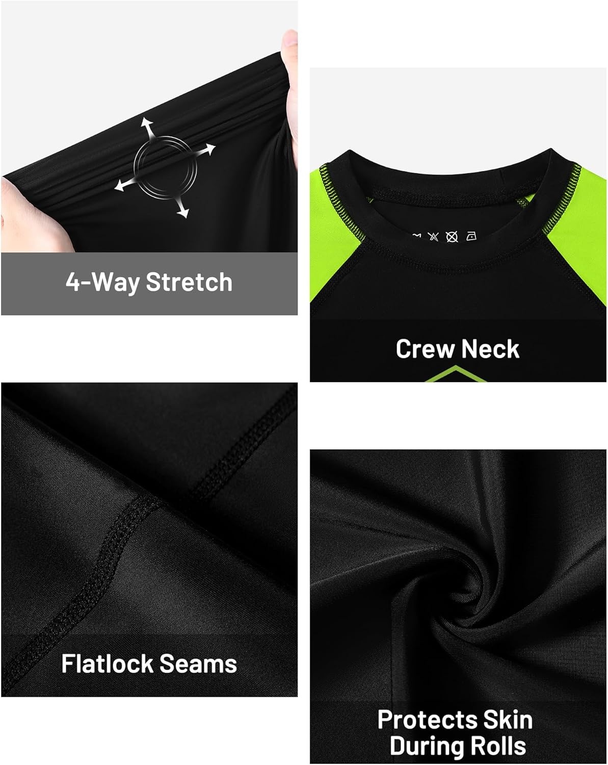 image:imageRunhit Boys BJJ Rash Guard Long Sleeve Kids Jiu Jitsu No Gi Youth Compression Shirts for Training MMA Wrestling Boxing UPF50Black With Neon Green