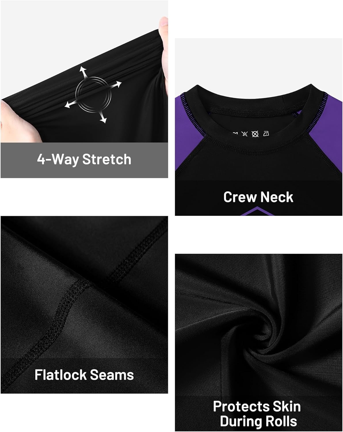 image:imageRunhit Boys BJJ Rash Guard Long Sleeve Kids Jiu Jitsu No Gi Youth Compression Shirts for Training MMA Wrestling Boxing UPF50Black With Purple