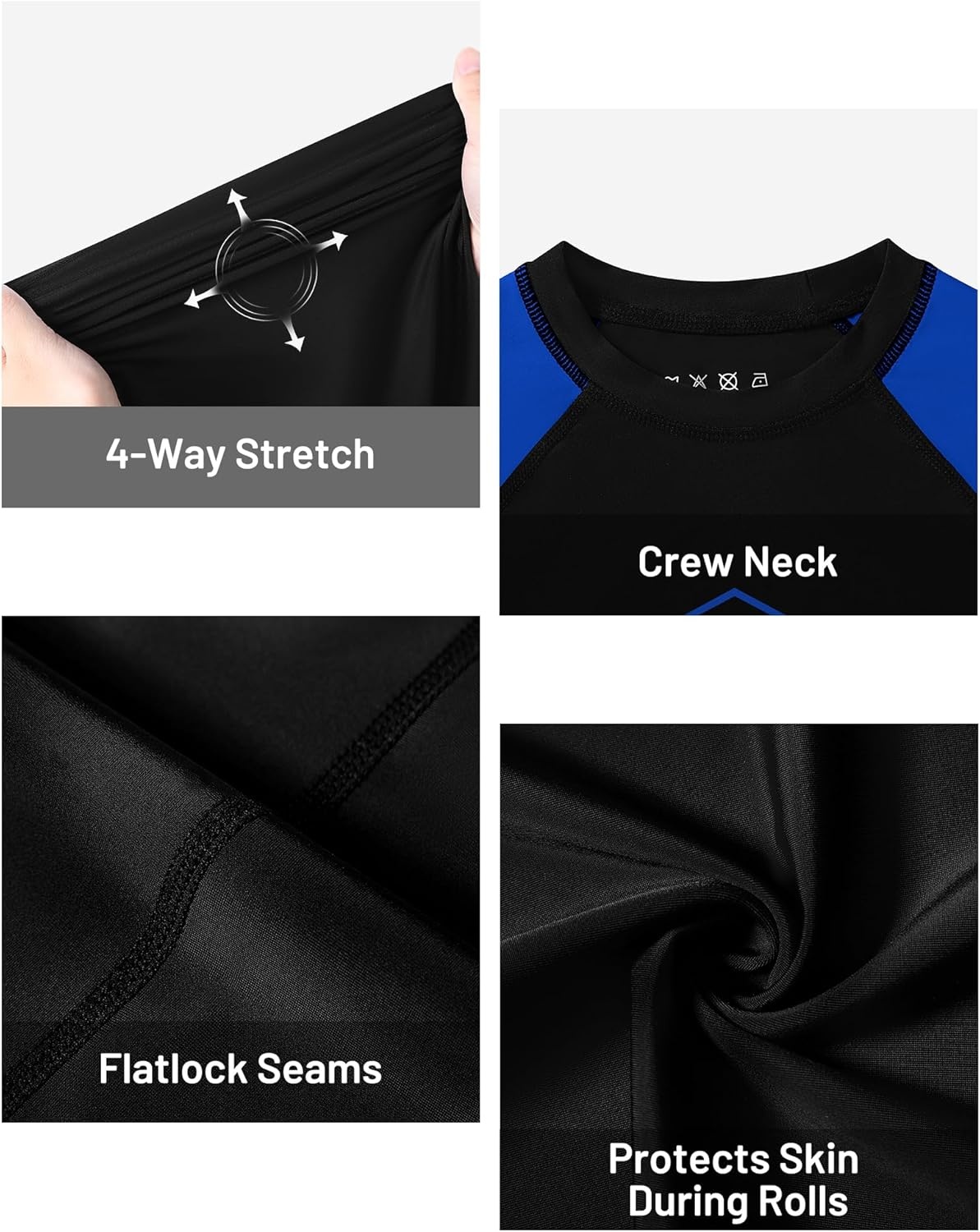 image:imageRunhit Boys BJJ Rash Guard Long Sleeve Kids Jiu Jitsu No Gi Youth Compression Shirts for Training MMA Wrestling Boxing UPF50Black With Royal Blue