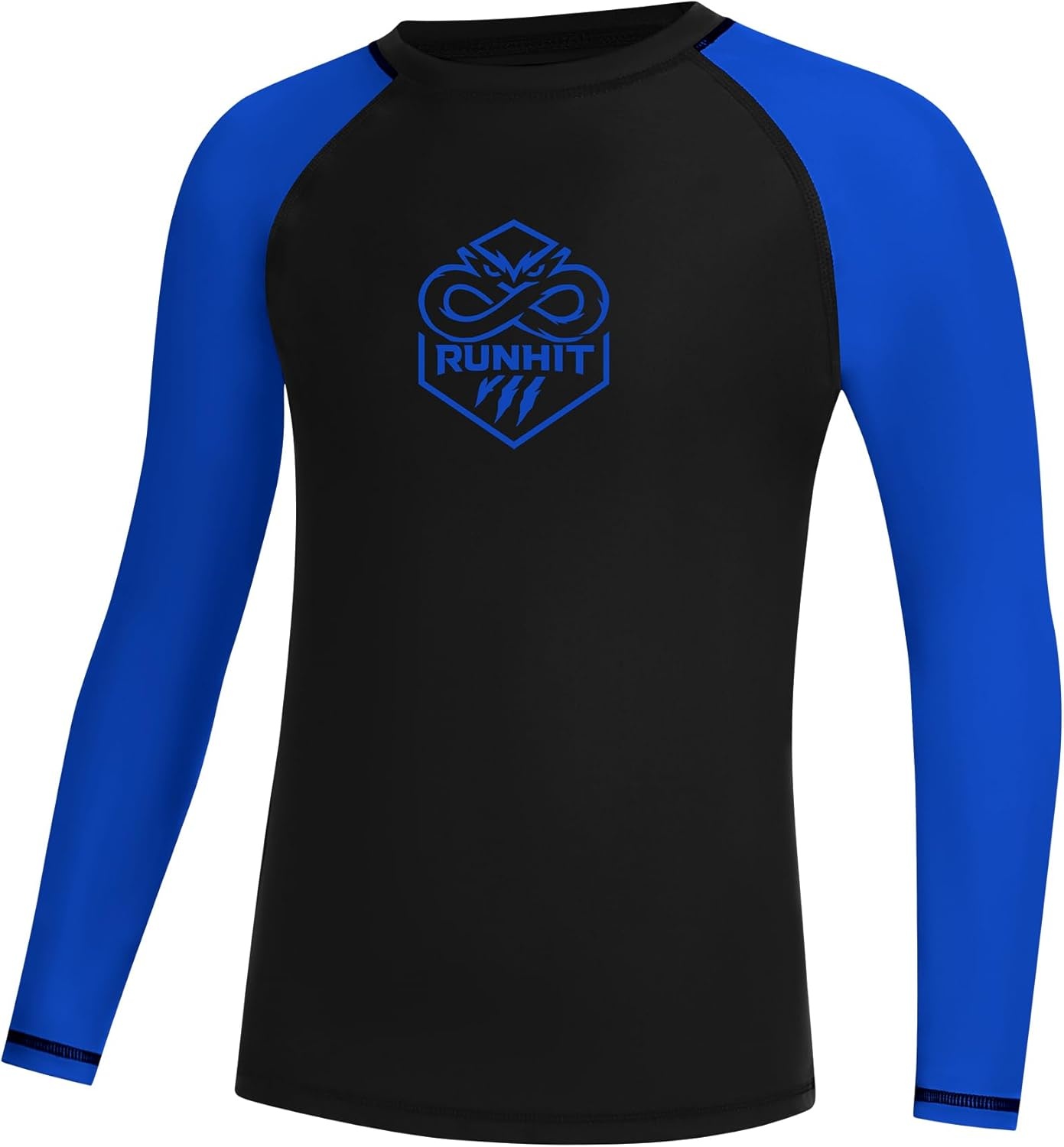 image:imageRunhit Boys BJJ Rash Guard Long Sleeve Kids Jiu Jitsu No Gi Youth Compression Shirts for Training MMA Wrestling Boxing UPF50Black With Royal Blue