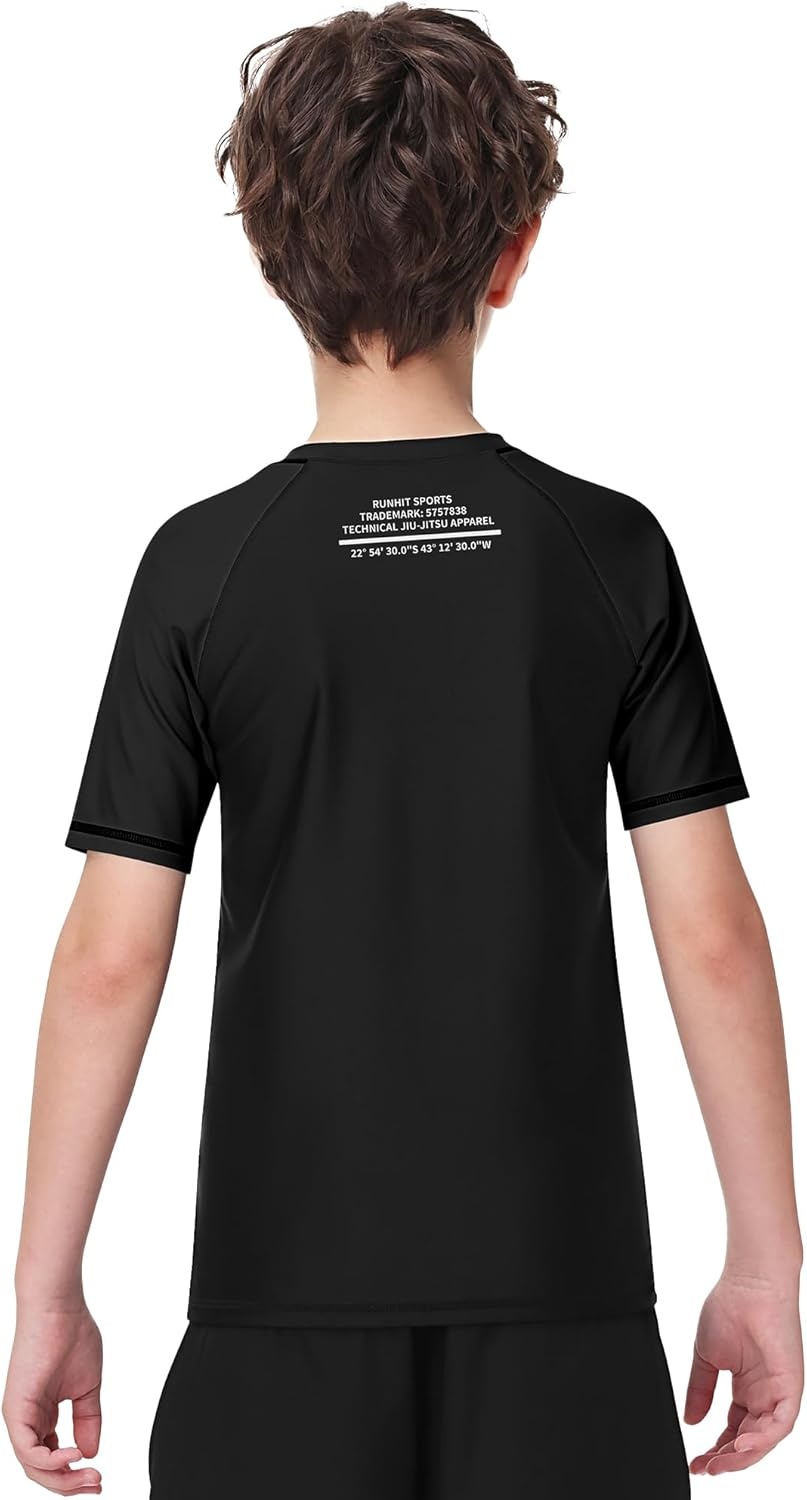 image:imageRunhit Boys BJJ Rash Guard Short Sleeve Kids Jiu Jitsu No Gi Youth Compression Shirts for Training MMA Wrestling Boxing UPF50Black
