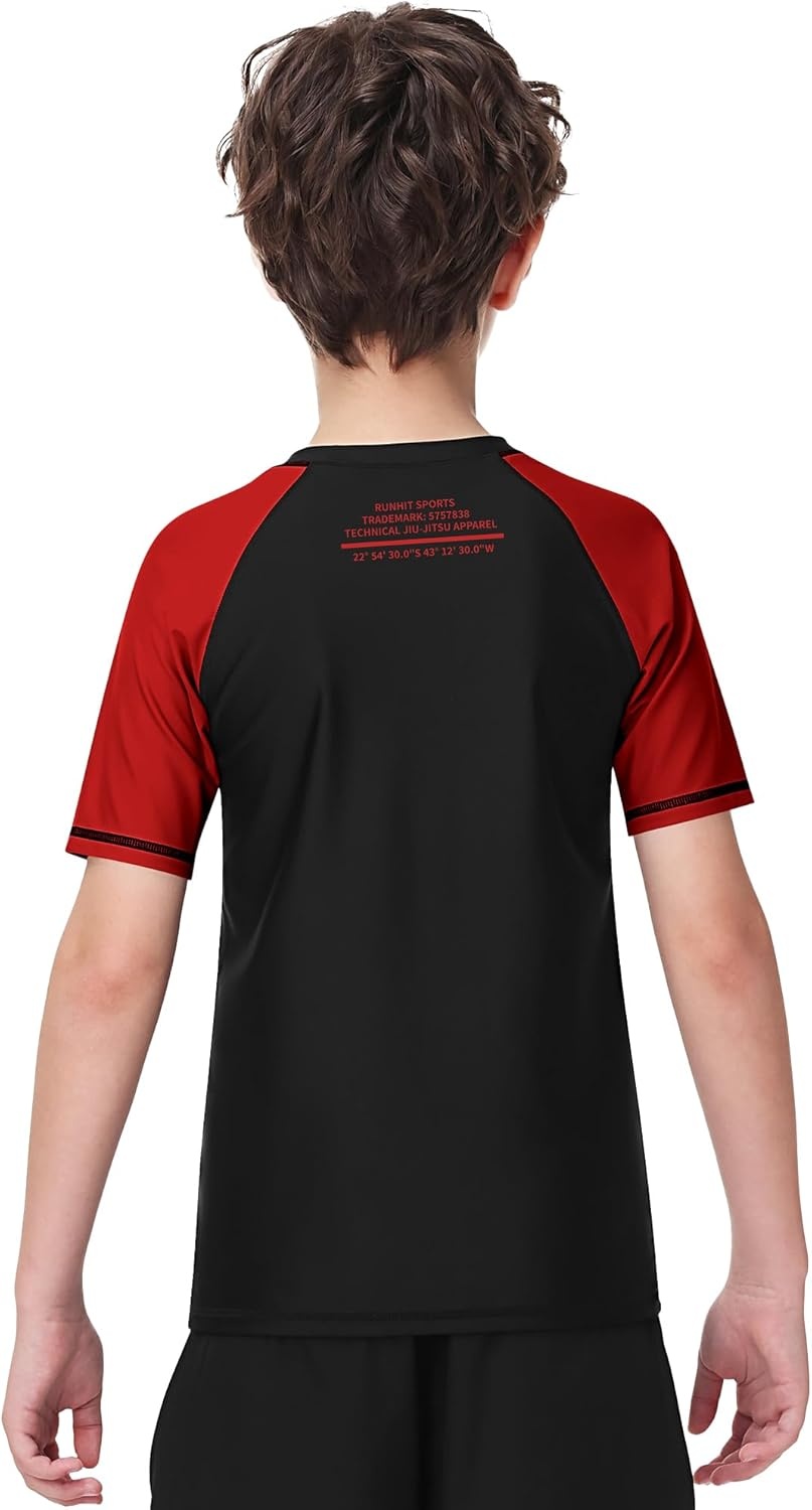 image:imageRunhit Boys BJJ Rash Guard Short Sleeve Kids Jiu Jitsu No Gi Youth Compression Shirts for Training MMA Wrestling Boxing UPF50Bright Red
