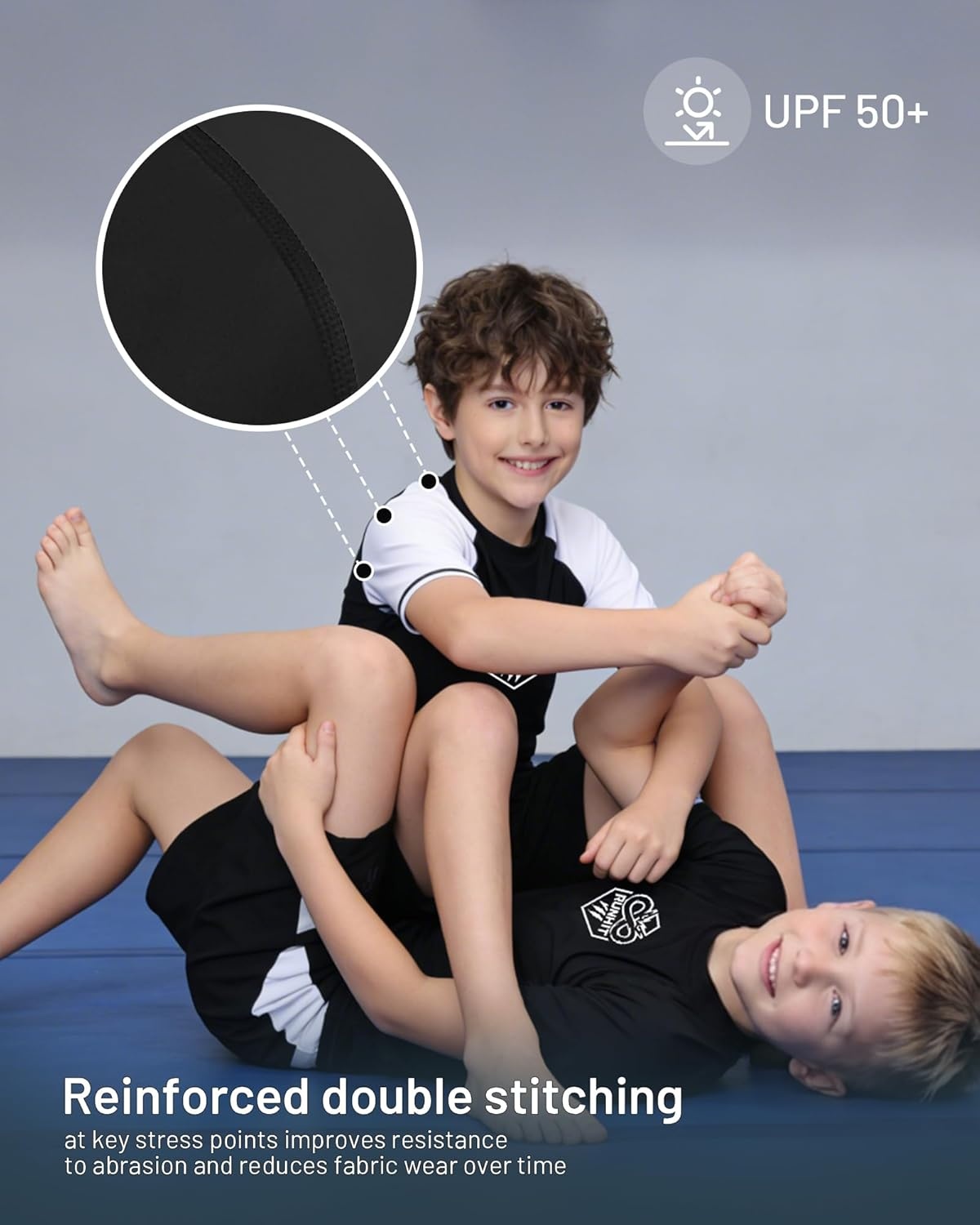 image:imageRunhit Boys BJJ Rash Guard Short Sleeve Kids Jiu Jitsu No Gi Youth Compression Shirts for Training MMA Wrestling Boxing UPF50Bright Red