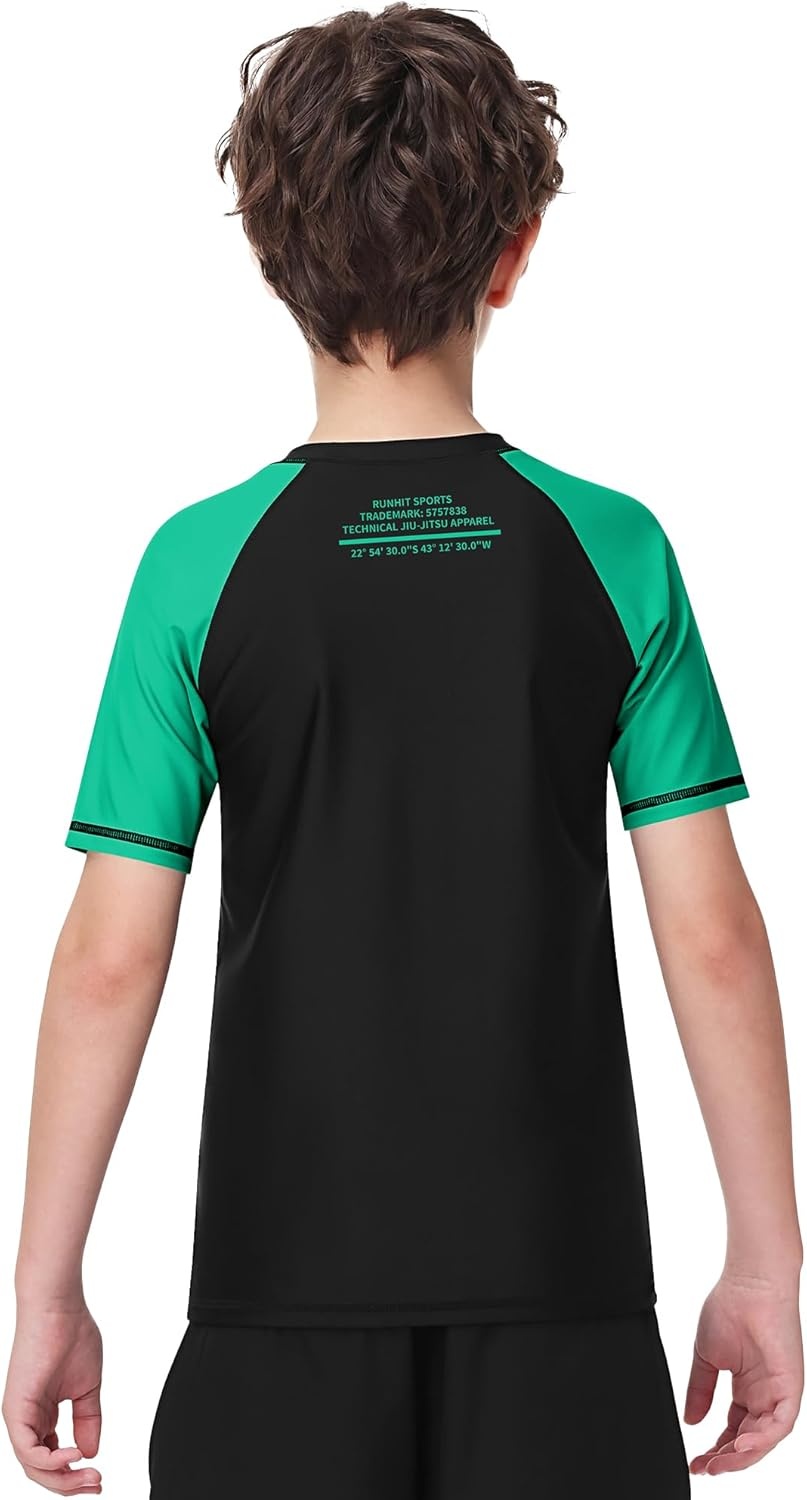 image:imageRunhit Boys BJJ Rash Guard Short Sleeve Kids Jiu Jitsu No Gi Youth Compression Shirts for Training MMA Wrestling Boxing UPF50Green