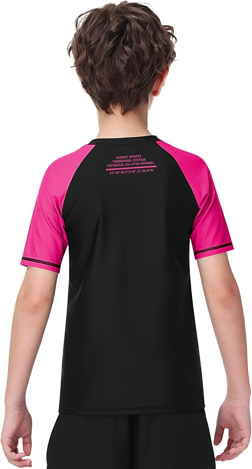 image:imageRunhit Boys BJJ Rash Guard Short Sleeve Kids Jiu Jitsu No Gi Youth Compression Shirts for Training MMA Wrestling Boxing UPF50Hot Pink