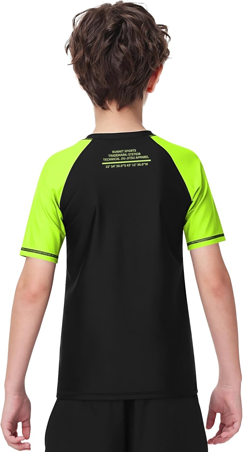 image:imageRunhit Boys BJJ Rash Guard Short Sleeve Kids Jiu Jitsu No Gi Youth Compression Shirts for Training MMA Wrestling Boxing UPF50Neon Green