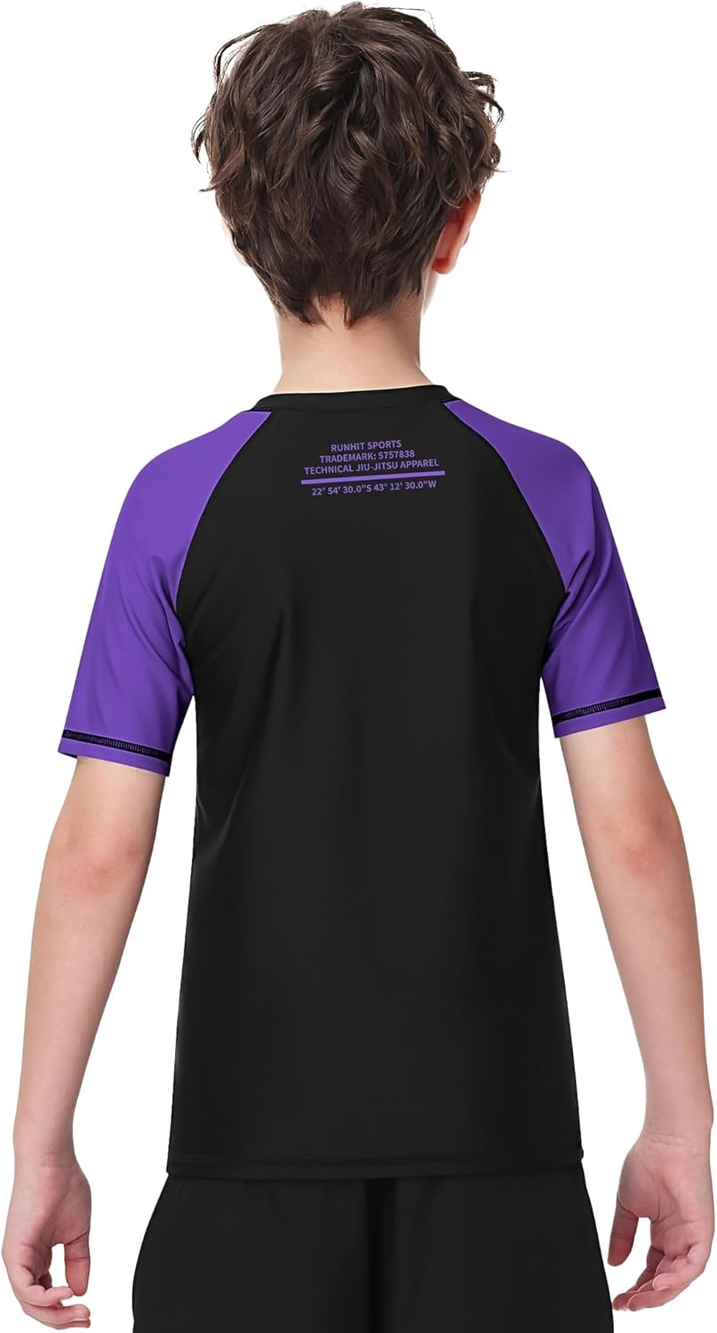 image:imageRunhit Boys BJJ Rash Guard Short Sleeve Kids Jiu Jitsu No Gi Youth Compression Shirts for Training MMA Wrestling Boxing UPF50Purple