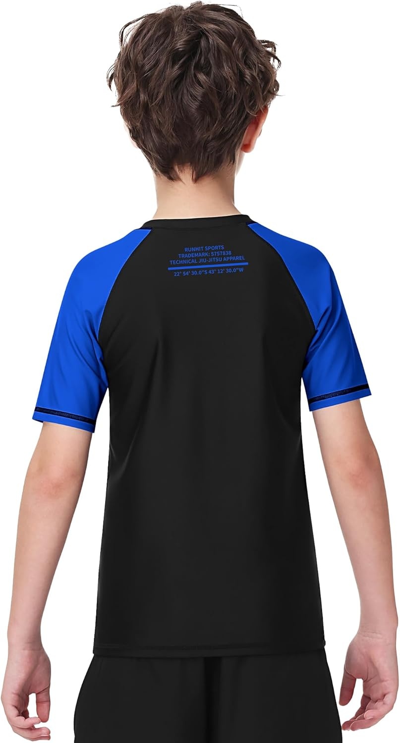 image:imageRunhit Boys BJJ Rash Guard Short Sleeve Kids Jiu Jitsu No Gi Youth Compression Shirts for Training MMA Wrestling Boxing UPF50Royal Blue