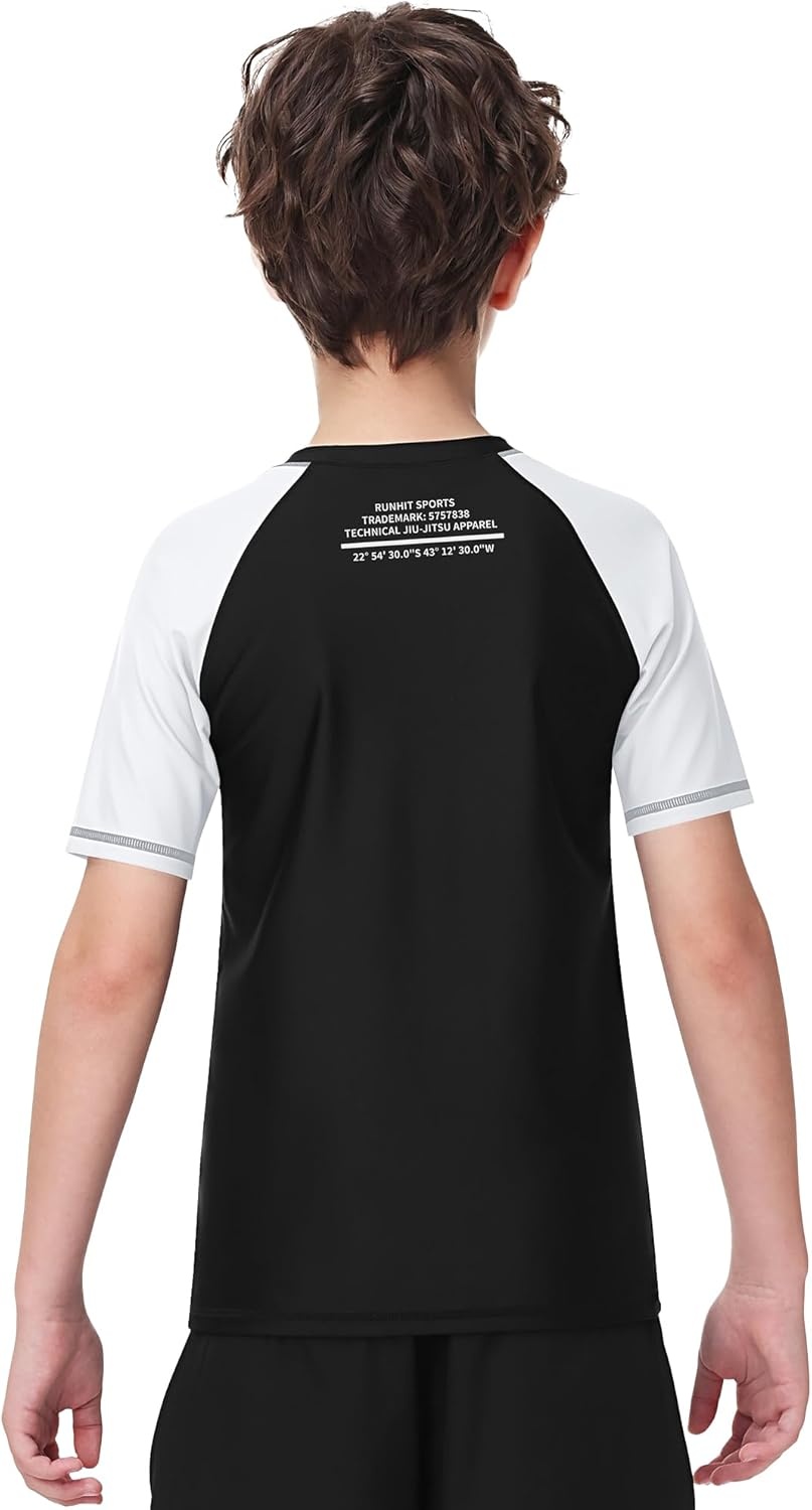 image:imageRunhit Boys BJJ Rash Guard Short Sleeve Kids Jiu Jitsu No Gi Youth Compression Shirts for Training MMA Wrestling Boxing UPF50White