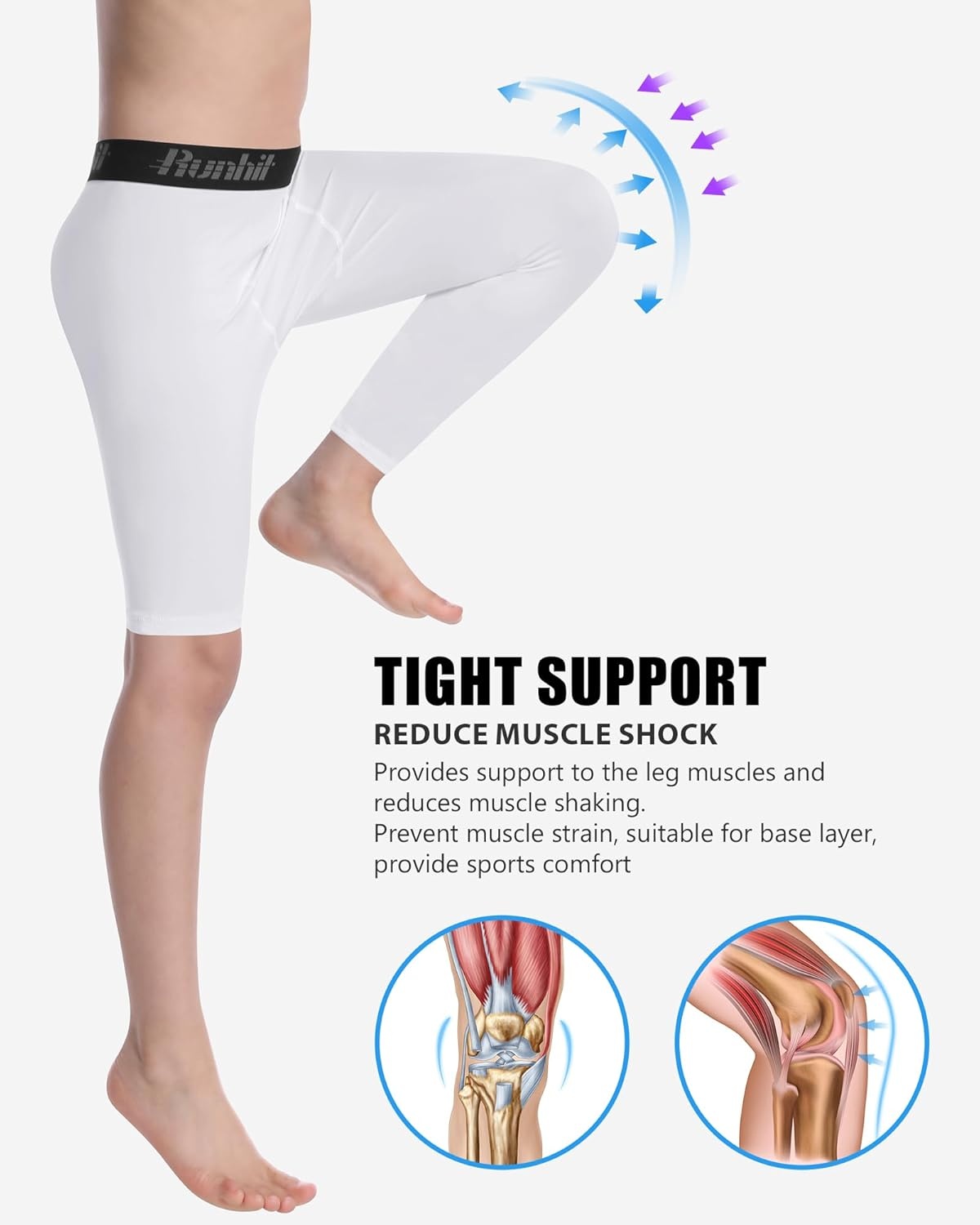 image:imageRunhit Boys Basketball One Leg Compression Tights Full Length Single Leg Compression Pants Sports Base Layer UnderwearRight Long Whitewhite