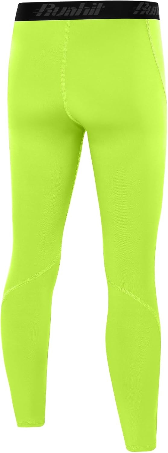 image:imageRunhit Boys Compression Leggings Youth Athletic Tights Basketball Compression Pants Boys Base Layer Pants Sports LeggingNeon Yellow