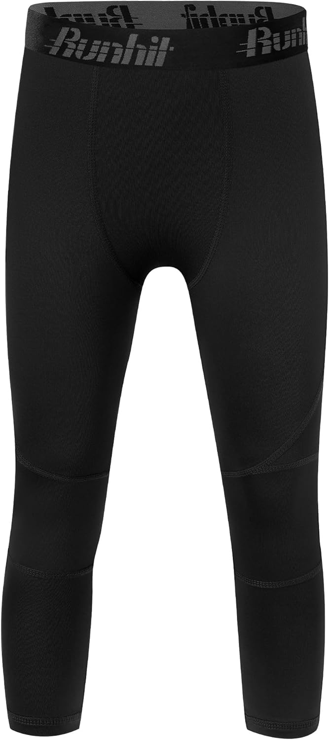 image:imageRunhit Boys Compression Pants 34 Youth Athletic Leggings Capris Tights Sports Base Layer for Basketball Football BaseballBlack