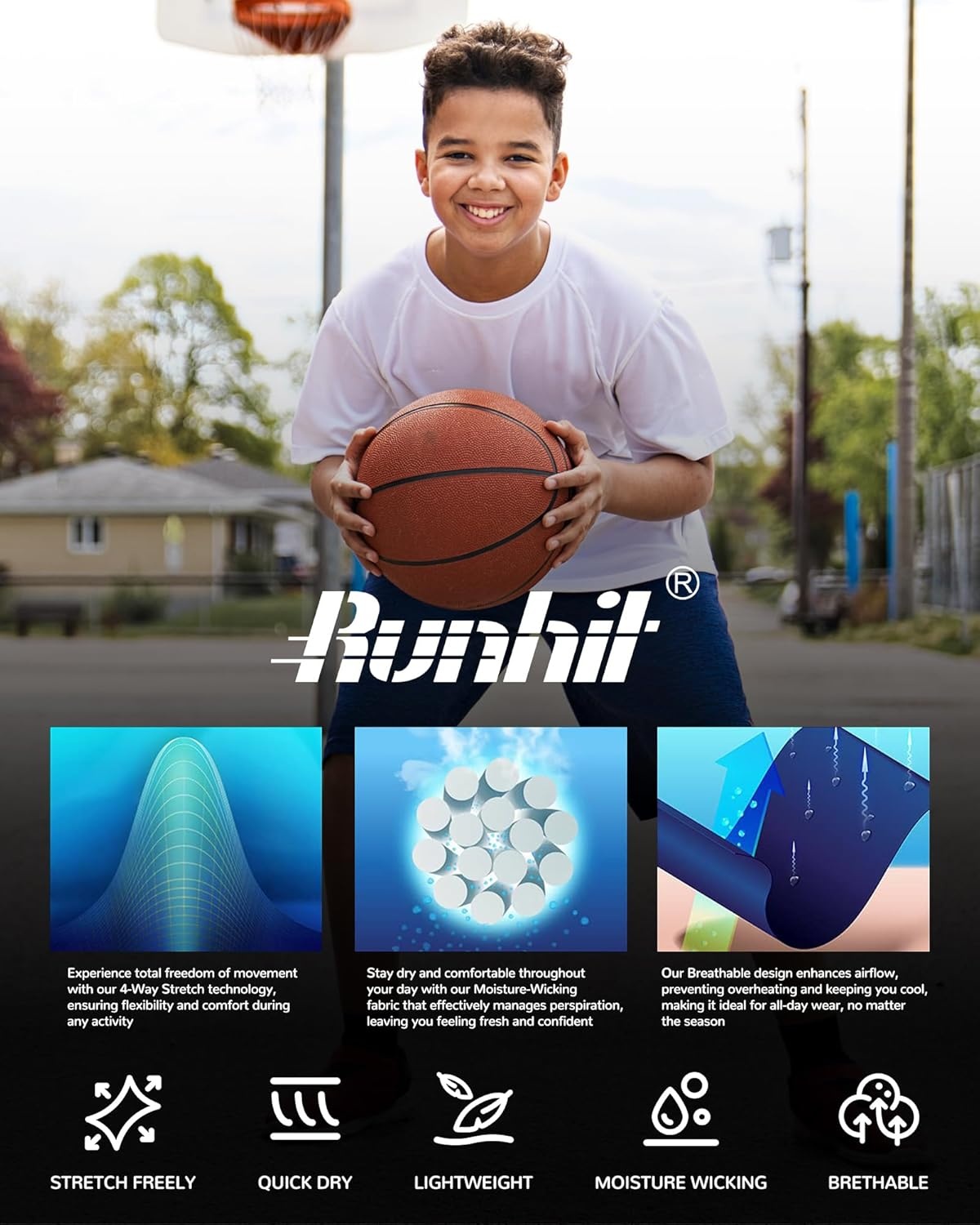 image:imageRunhit Boys Compression Pants 34 Youth Athletic Leggings Capris Tights Sports Base Layer for Basketball Football BaseballBlack