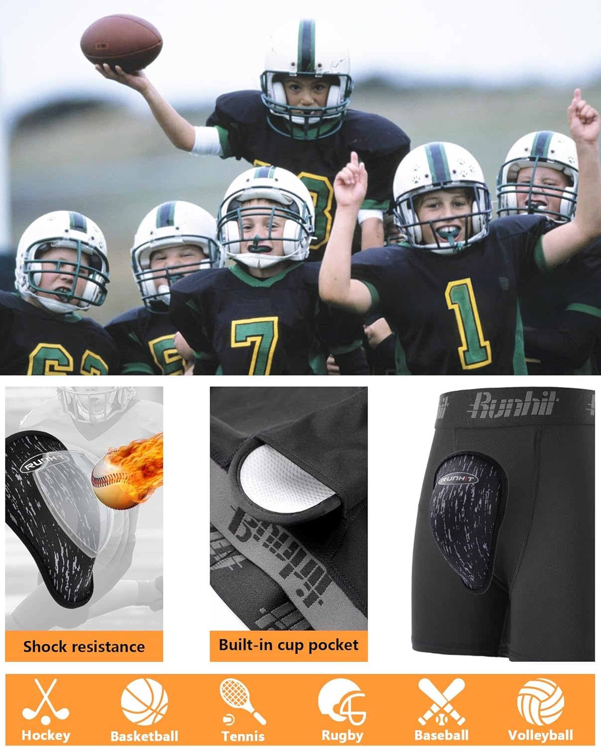 image:imageRunhit Boys Cup Underwear for Baseball Football Youth Compression Shorts with Soft Protective Athletic Cup Boxer BriefBlack