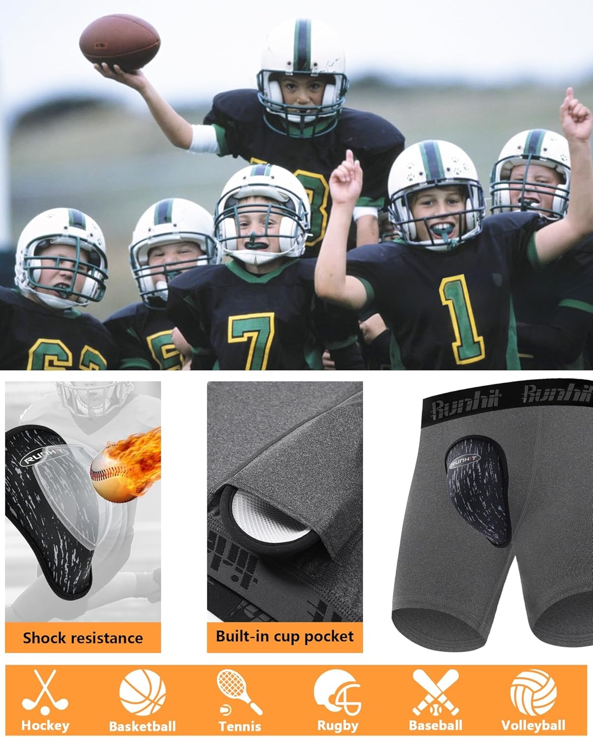 image:imageRunhit Boys Cup Underwear for Baseball Football Youth Compression Shorts with Soft Protective Athletic Cup Boxer BriefDark Gray