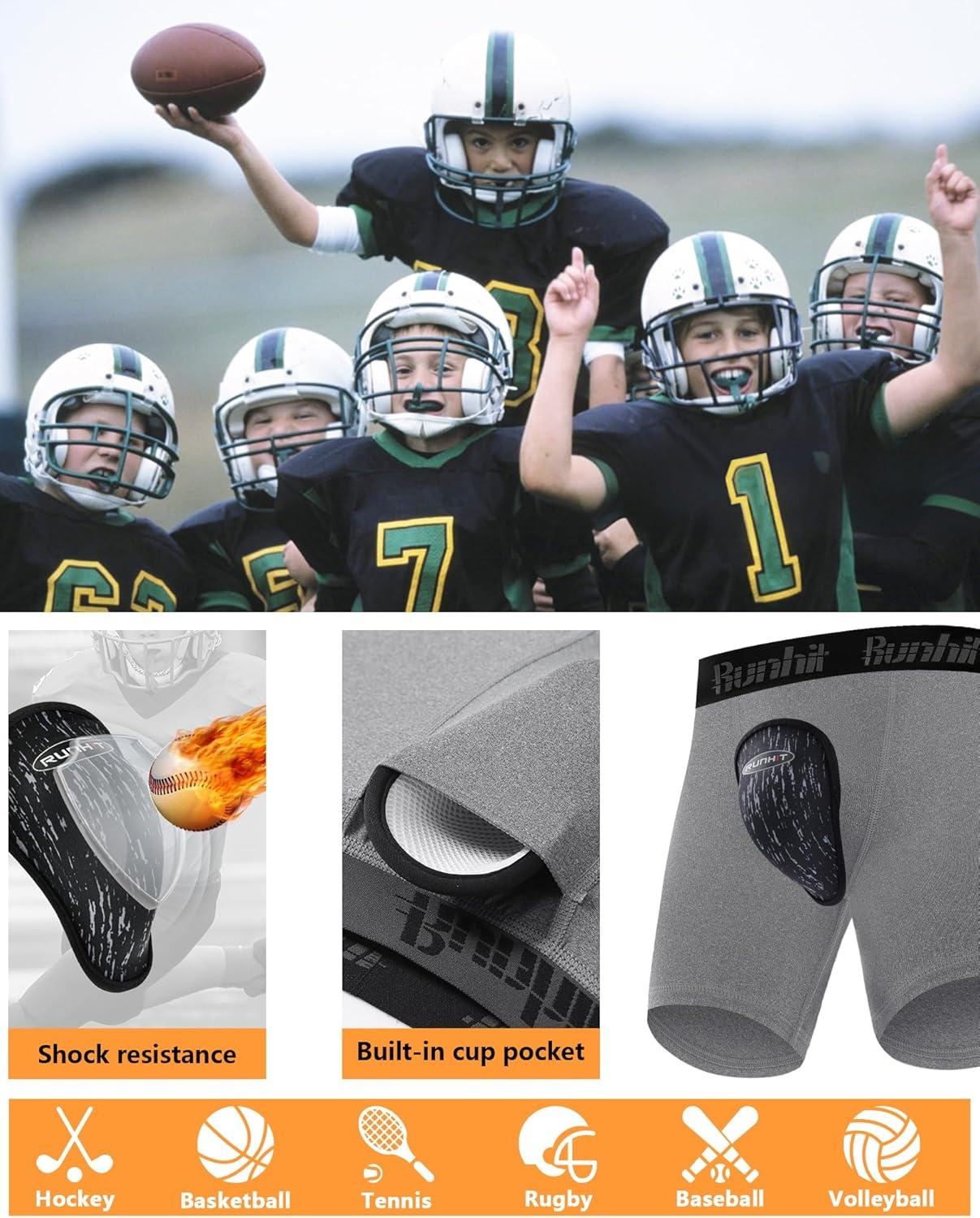 image:imageRunhit Boys Cup Underwear for Baseball Football Youth Compression Shorts with Soft Protective Athletic Cup Boxer BriefMedium Gray
